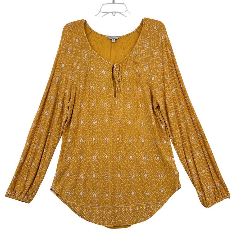 Lucky Brand Peasant Bouse Size M Golden Yellow Print Peasant Tied Deep V Neck